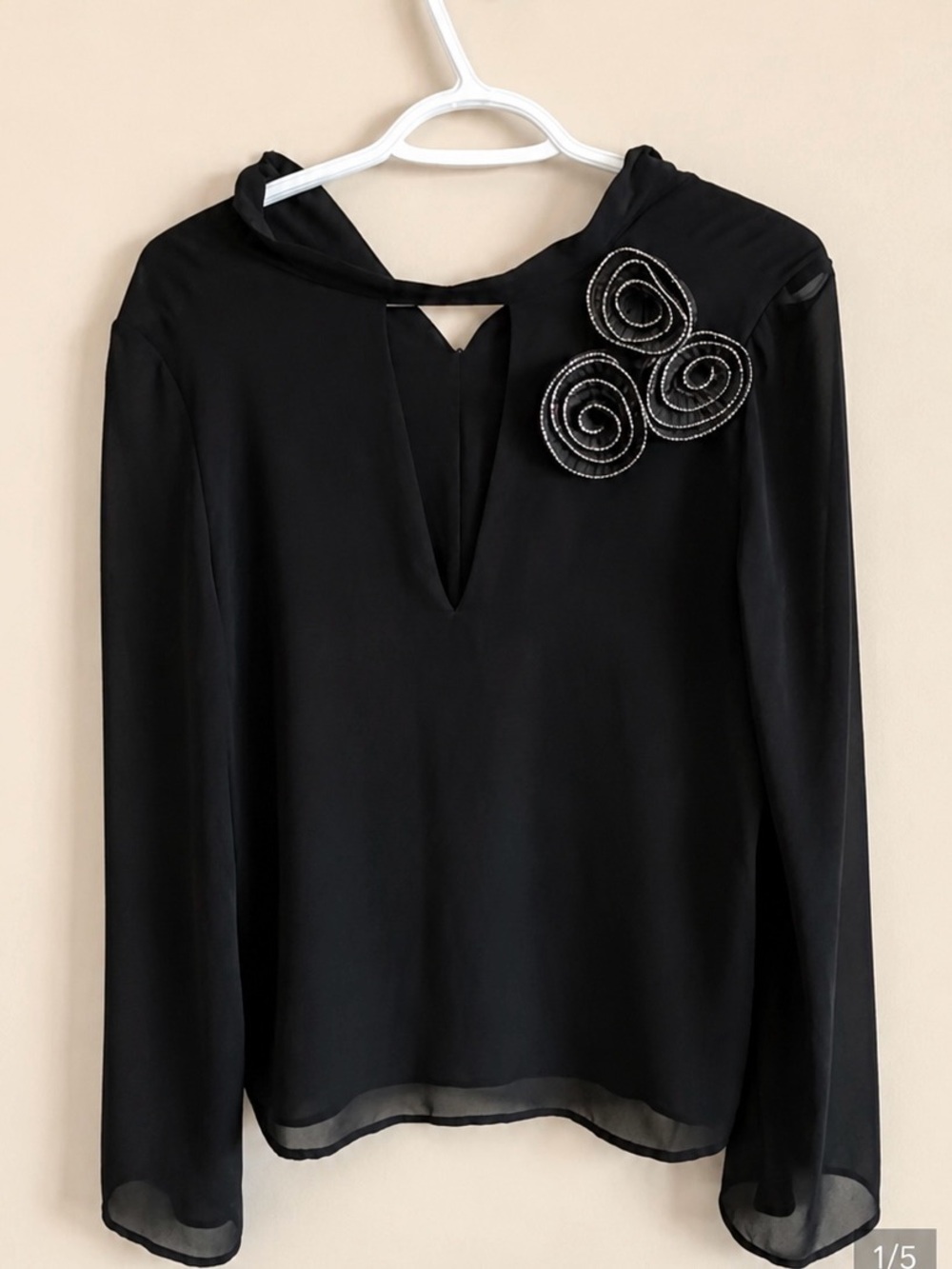 NWOT ZARA Black Long-Sleeve V-Neck Blouse with Spiral Rosette Accent